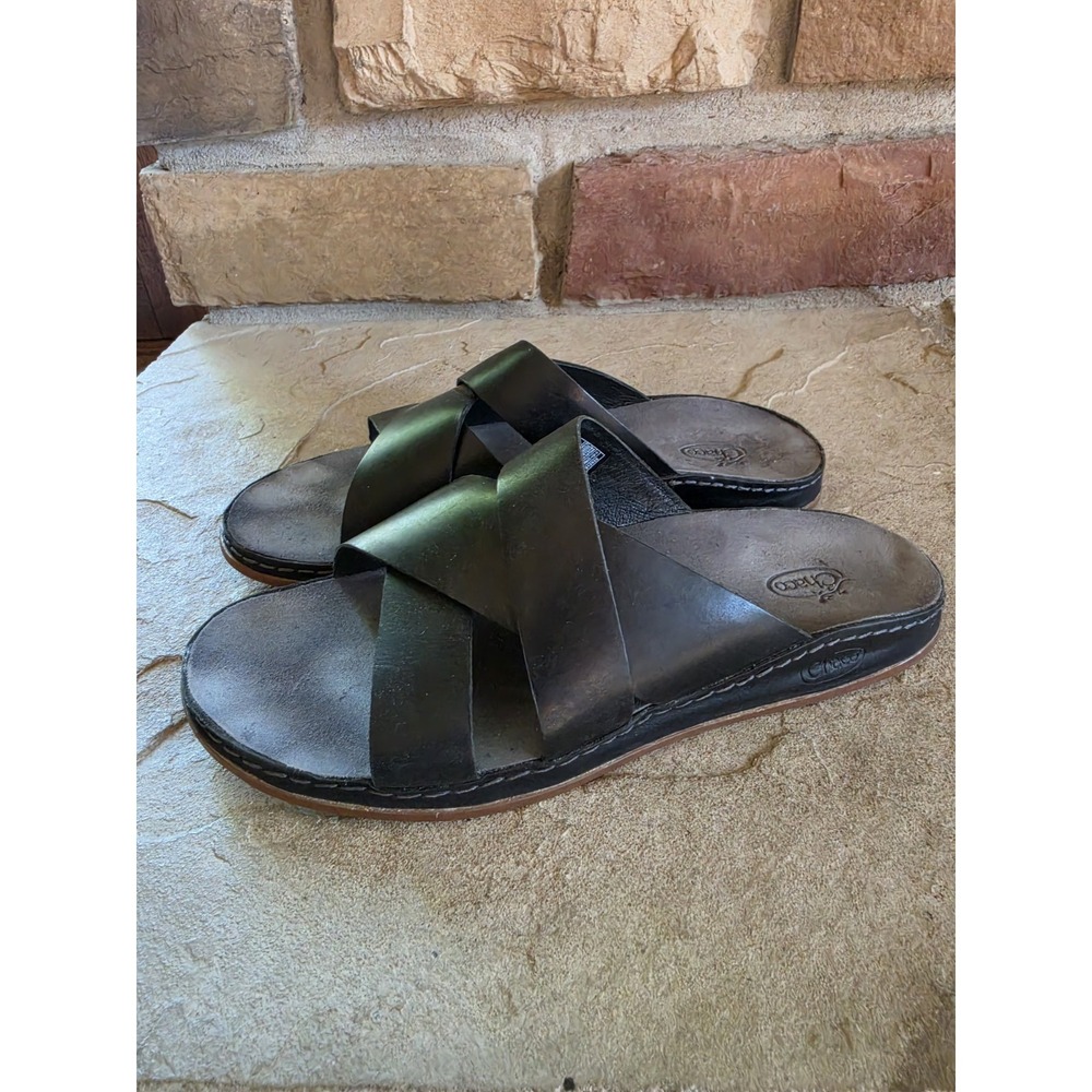Chaco Black Leather Wayfarer Criss Cross Strap Slide Sandals Womens US 9 EUR 40
